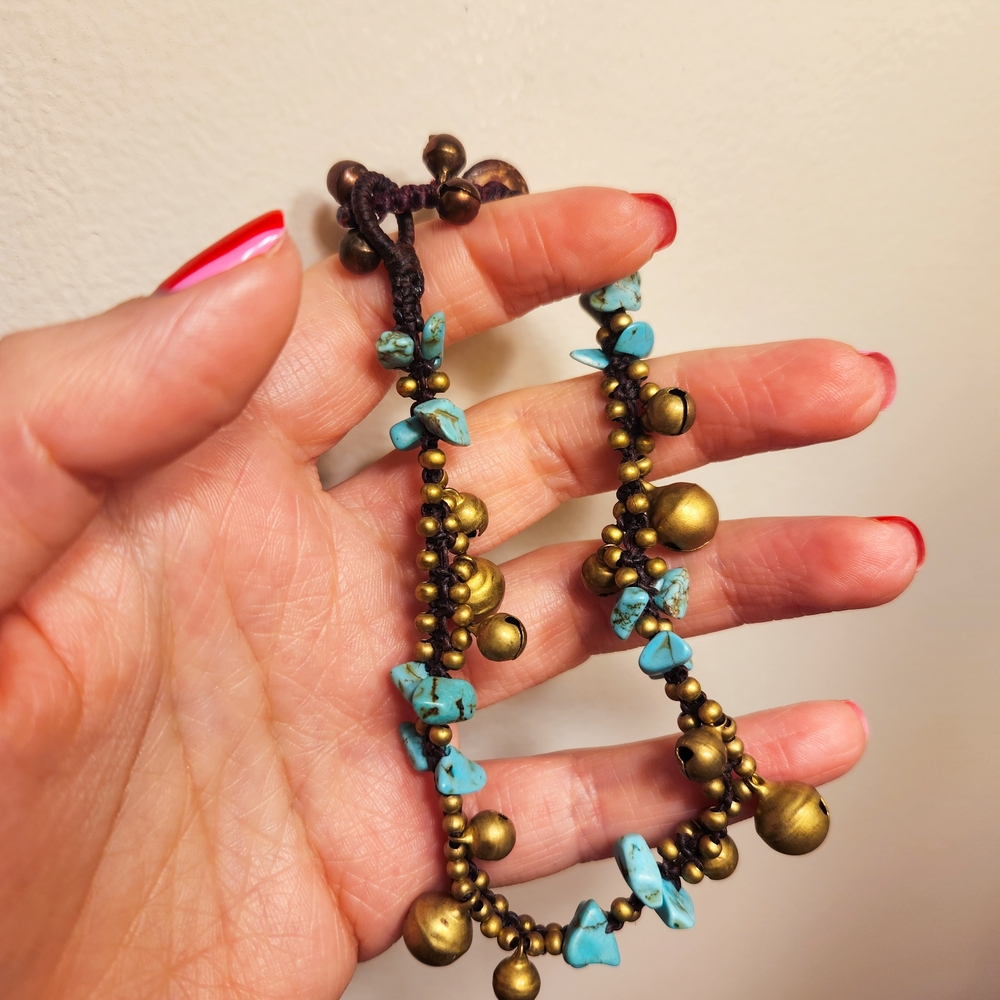 Boho Handmade Turquoise and Brass Beaded Anklet With Bells